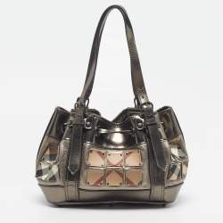 Pre Owned Burberry Beaton Armored Metallic Supernova Check Leather Tote