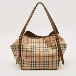 Pre Owned حقيبة بربري كانتربري حجم صغير قماش كانفاس و جلد مطلي بنقشة هي ماركت بني/بيج
