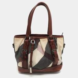 Pre Owned Burberry Beige/Brown Mega Check Canvas and Leather Lowry Tote