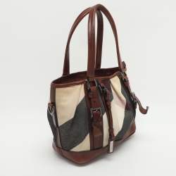 Pre Owned Burberry Beige/Brown Mega Check Canvas and Leather Lowry Tote