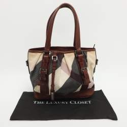 Pre Owned Burberry Beige/Brown Mega Check Canvas and Leather Lowry Tote