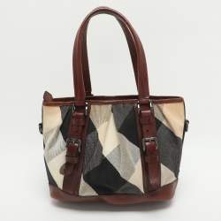 Pre Owned Burberry Beige/Brown Mega Check Canvas and Leather Lowry Tote