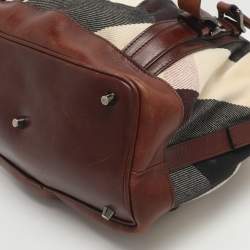 Pre Owned Burberry Beige/Brown Mega Check Canvas and Leather Lowry Tote