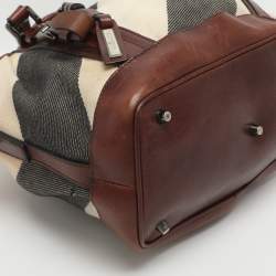 Pre Owned Burberry Beige/Brown Mega Check Canvas and Leather Lowry Tote