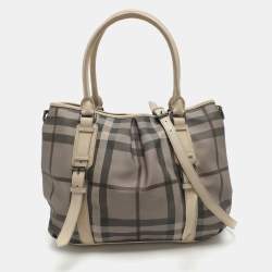 Pre Owned Burberry Northfield Beige/Off-White Smoke Check Coated Canvas and Leather Tote