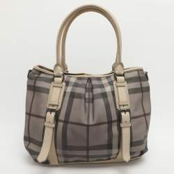 Pre Owned Burberry Northfield Beige/Off-White Smoke Check Coated Canvas and Leather Tote