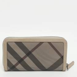 Pre Owned Burberry Beige Smoke Checked PVC and Leather Zip Around Wallet