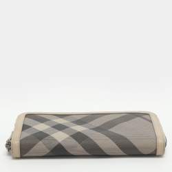 Pre Owned Burberry Beige Smoke Checked PVC and Leather Zip Around Wallet