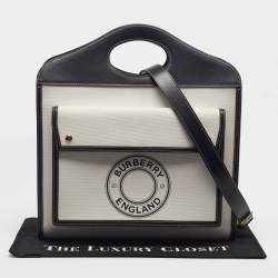 Pre Owned Burberry Pocket Medium Black/White Canvas and Leather Logo Graphic Bag