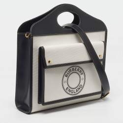 Pre Owned Burberry Pocket Medium Black/White Canvas and Leather Logo Graphic Bag