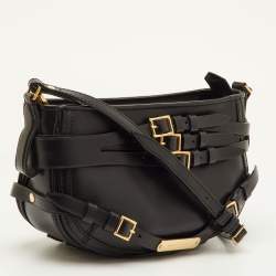 Pre Owned Burberry Dutton Black Leather Buckle Detail Crossbody Bag