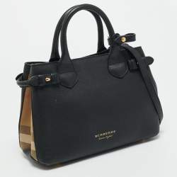 Pre Owned Burberry Banner Small Black/Beige House Check Fabric and Leather Tote