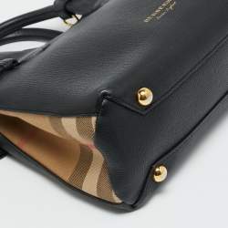 Pre Owned Burberry Banner Small Black/Beige House Check Fabric and Leather Tote