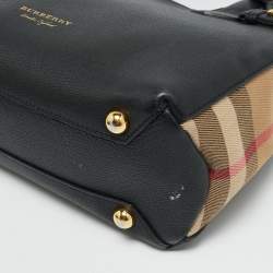 Pre Owned Burberry Banner Small Black/Beige House Check Fabric and Leather Tote