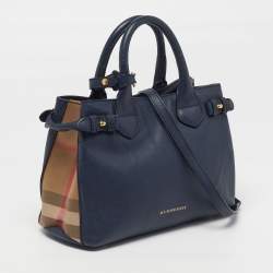 Pre Owned Burberry Banner Small Navy Blue/Beige House Check Fabric and Leather Tote