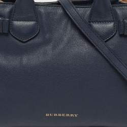 Pre Owned Burberry Banner Small Navy Blue/Beige House Check Fabric and Leather Tote
