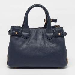 Pre Owned Burberry Banner Small Navy Blue/Beige House Check Fabric and Leather Tote