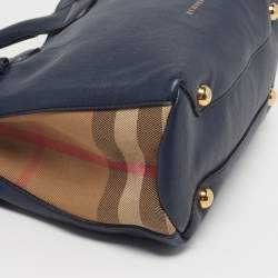 Pre Owned Burberry Banner Small Navy Blue/Beige House Check Fabric and Leather Tote
