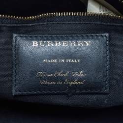 Pre Owned Burberry Banner Small Navy Blue/Beige House Check Fabric and Leather Tote