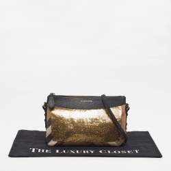 Pre Owned Burberry Peyton Black/Beige Haymarket Check Canvas and Leather Crossbody Bag