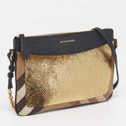 Pre Owned Burberry Peyton Black/Beige Haymarket Check Canvas and Leather Crossbody Bag