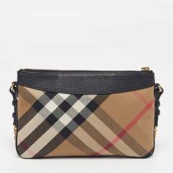 Pre Owned Burberry Peyton Black/Beige Haymarket Check Canvas and Leather Crossbody Bag