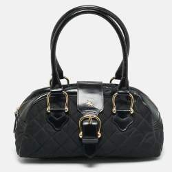 Pre Owned Burberry Manor Black Quilted Nylon and Patent Leather Satchel