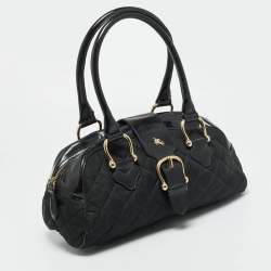 Pre Owned Burberry Manor Black Quilted Nylon and Patent Leather Satchel
