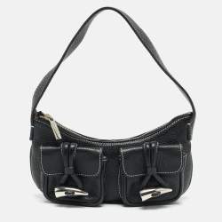 Pre Owned Burberry Double Pocket Black Leather Shoulder Bag