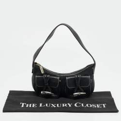 Pre Owned Burberry Double Pocket Black Leather Shoulder Bag
