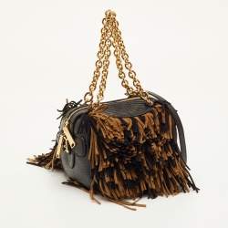 Pre Owned Burberry Black/Brown Lizard Embossed Leather and Fringe Suede Chain Satchel