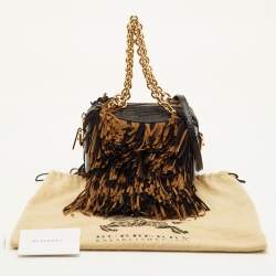 Pre Owned Burberry Black/Brown Lizard Embossed Leather and Fringe Suede Chain Satchel