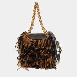 Pre Owned Burberry Black/Brown Lizard Embossed Leather and Fringe Suede Chain Satchel