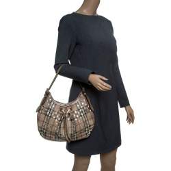 Pre Owned Burberry Beige/Gold PVC and Haymarket Check Cutout Drawstring Hobo 