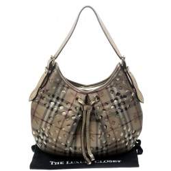 Pre Owned Burberry Beige/Gold PVC and Haymarket Check Cutout Drawstring Hobo 