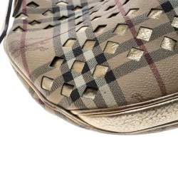 Pre Owned Burberry Beige/Gold PVC and Haymarket Check Cutout Drawstring Hobo 