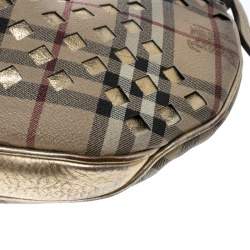 Pre Owned Burberry Beige/Gold PVC and Haymarket Check Cutout Drawstring Hobo 