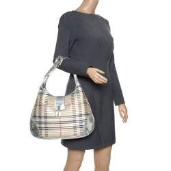 Pre Owned Burberry Silver Leather and Nova Check PVC Brooke Hobo