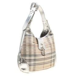 Pre Owned Burberry Silver Leather and Nova Check PVC Brooke Hobo