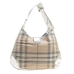 Pre Owned Burberry Silver Leather and Nova Check PVC Brooke Hobo