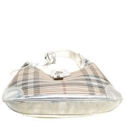 Pre Owned Burberry Silver Leather and Nova Check PVC Brooke Hobo