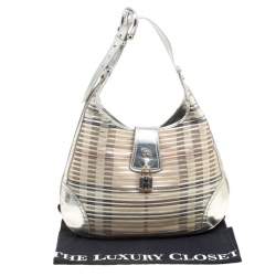 Pre Owned Burberry Silver Leather and Nova Check PVC Brooke Hobo