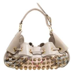 Pre Owned Burberry Beige Super Nova Check PVC and Leather Mini Warrior Studded Hobo