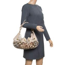 Pre Owned Burberry Beige Super Nova Check PVC and Leather Mini Warrior Studded Hobo