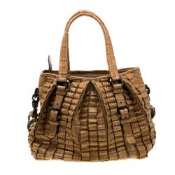 Pre Owned Burberry Brown Ruffled Crocodile Lowry Hobo