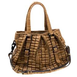 Pre Owned Burberry Brown Ruffled Crocodile Lowry Hobo