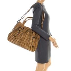 Pre Owned Burberry Brown Ruffled Crocodile Lowry Hobo