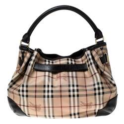 Pre Owned Burberry Haymarket Check Beige Canvas and Leather Medium Willenmore Hobo