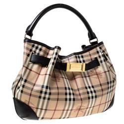 Pre Owned Burberry Haymarket Check Beige Canvas and Leather Medium Willenmore Hobo