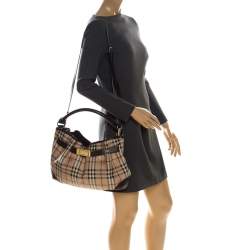 Pre Owned Burberry Haymarket Check Beige Canvas and Leather Medium Willenmore Hobo